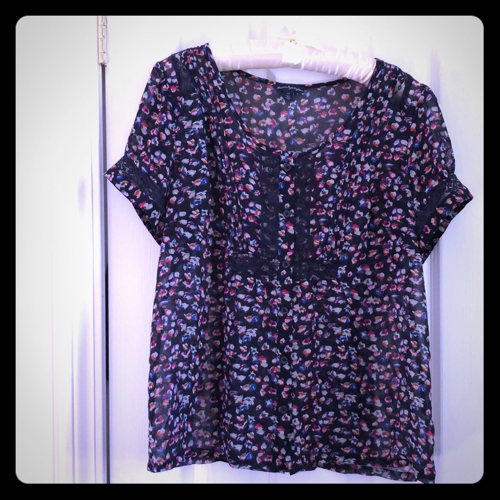 Cottagecore L Blue Floral Cap Sleeve Sheer Top‎